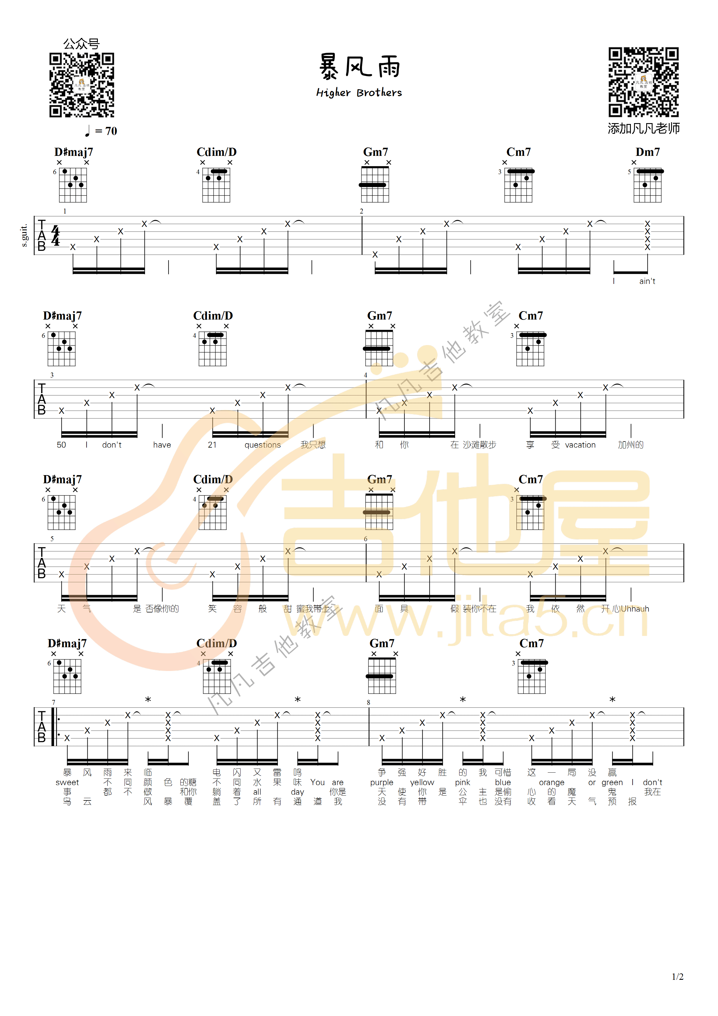 Higher Brothers《暴风雨》吉他谱_B调吉他谱_吉他弹唱示范