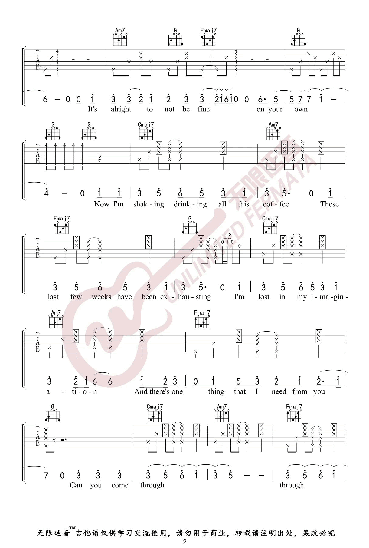 Jeremy Zucker《Comethru》吉他谱_C调拍弦版 Jeremy Zucker《Comethru》吉他谱_C调拍弦版