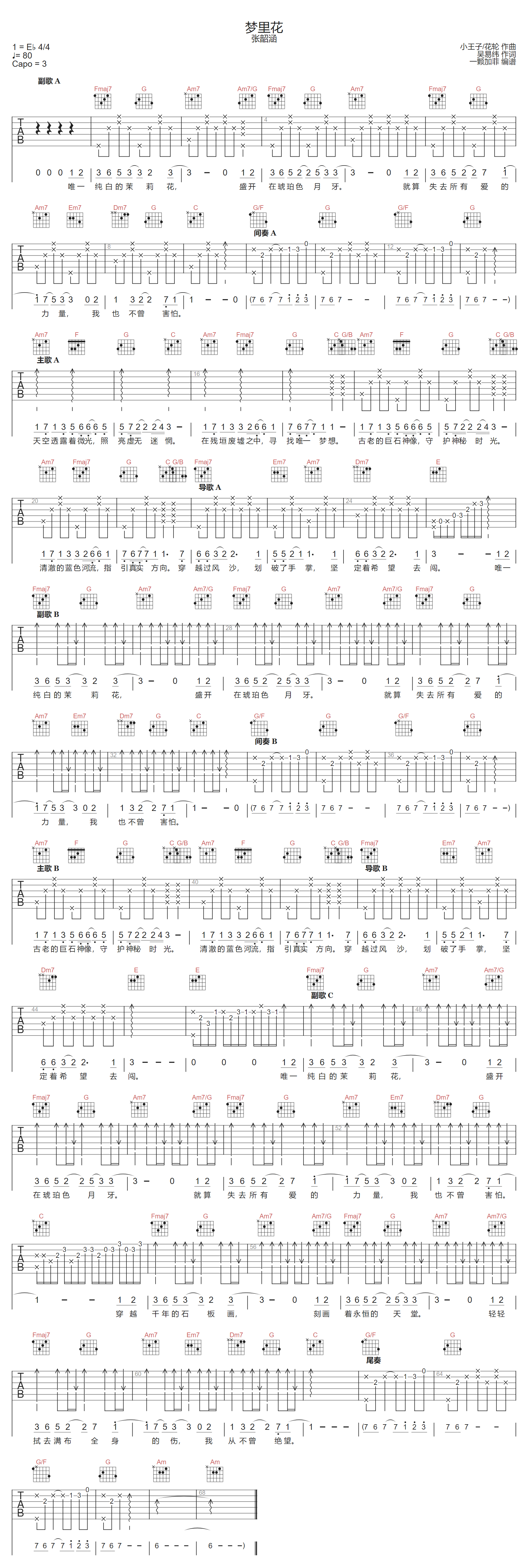 张韶涵《梦里花》吉他谱_C调指法弹唱谱