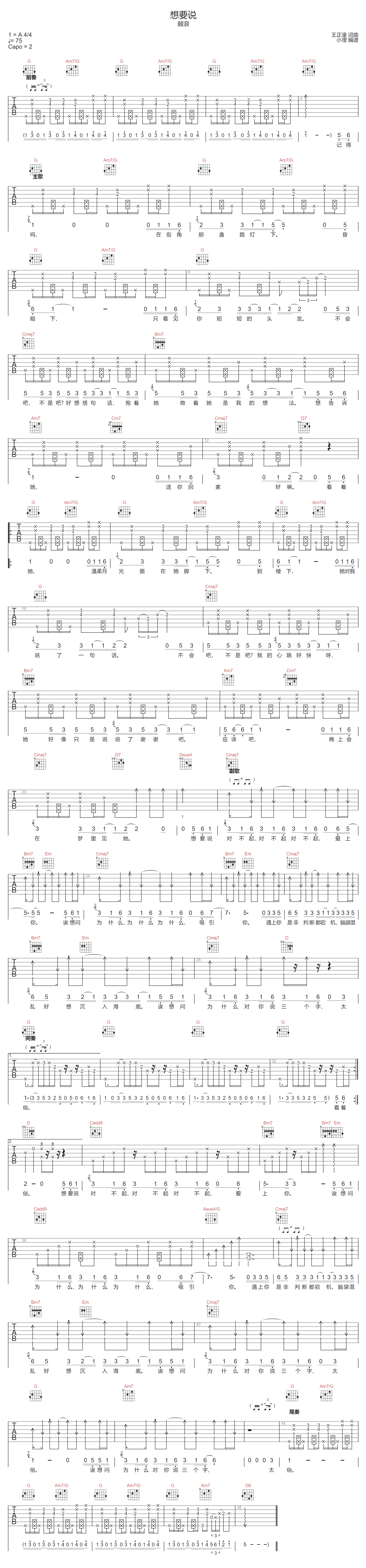 囍浪乐队《想要说》吉他谱_G调指法拍弦版