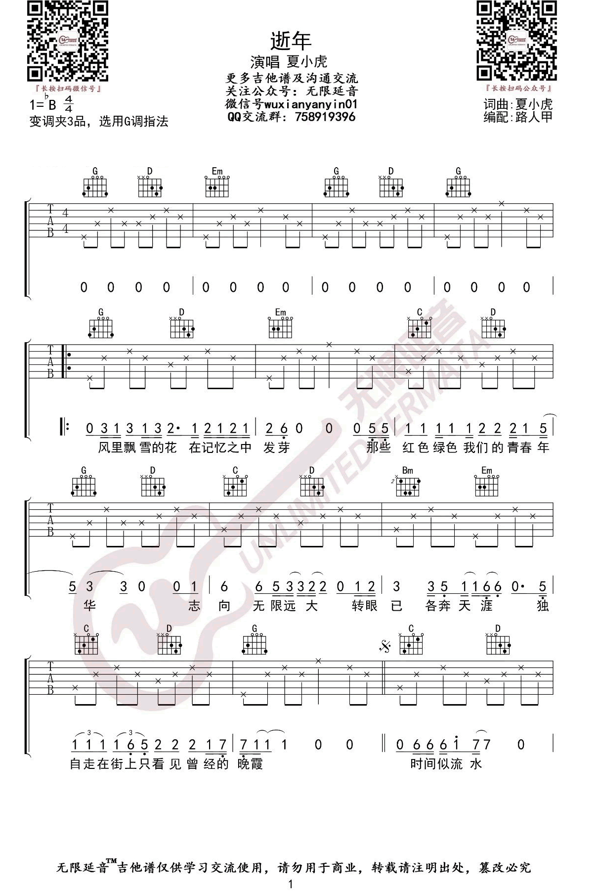 夏小虎《逝年》吉他谱_G调指法简单版弹唱谱 夏小虎《逝年》吉他谱_G调指法简单版弹唱谱
