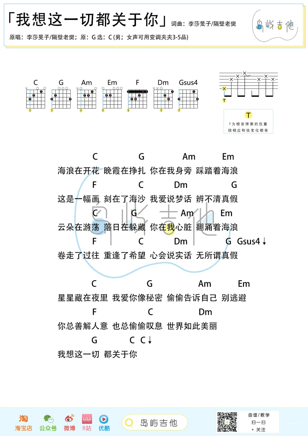 隔壁老樊/李莎旻子《我想这一切都关于你》吉他谱_C调指法弹唱谱