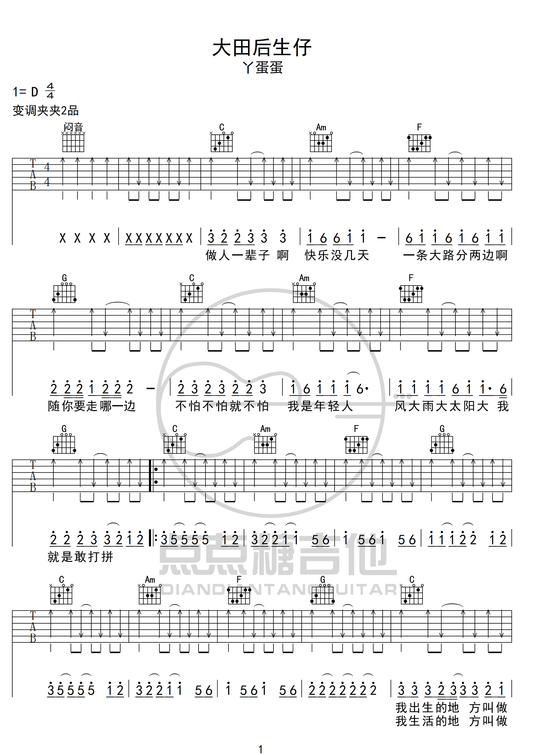 丫蛋蛋《大田后生仔》吉他谱_C调指法扫弦版