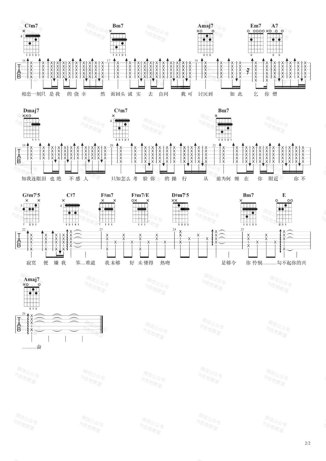 容祖儿《习惯失恋》吉他谱_A调指法原版弹唱谱
