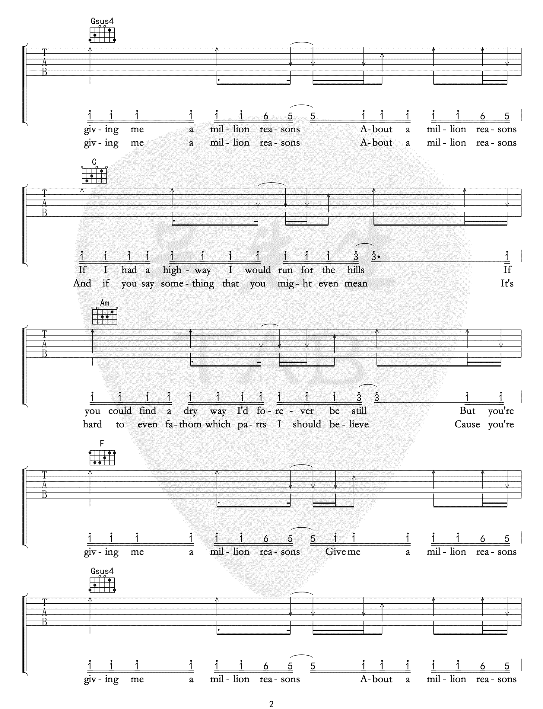 Lady Gaga《Million Reasons》吉他谱_C调原版 Lady Gaga《Million Reasons》吉他谱_C调原版