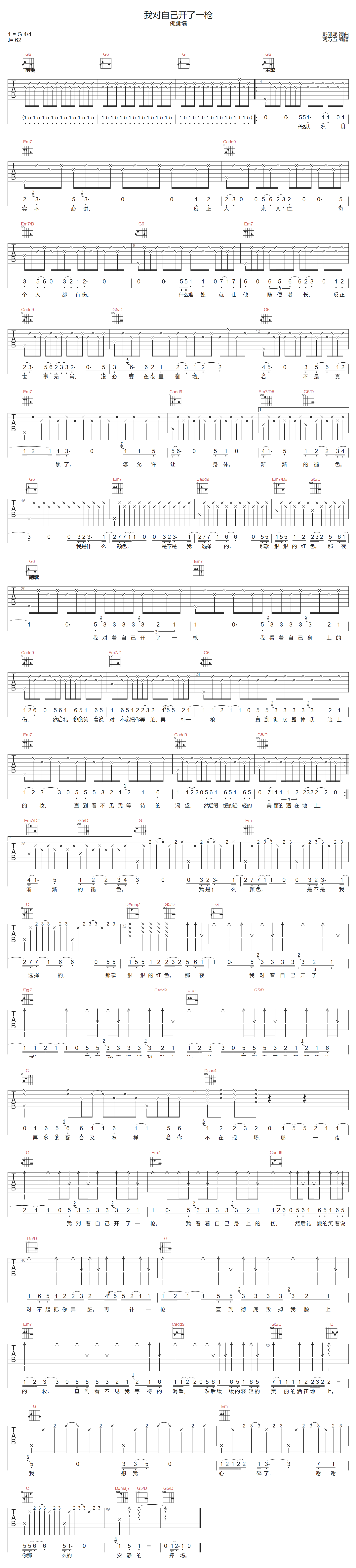 佛跳墙《我对自己开了一枪》吉他谱_G调指法