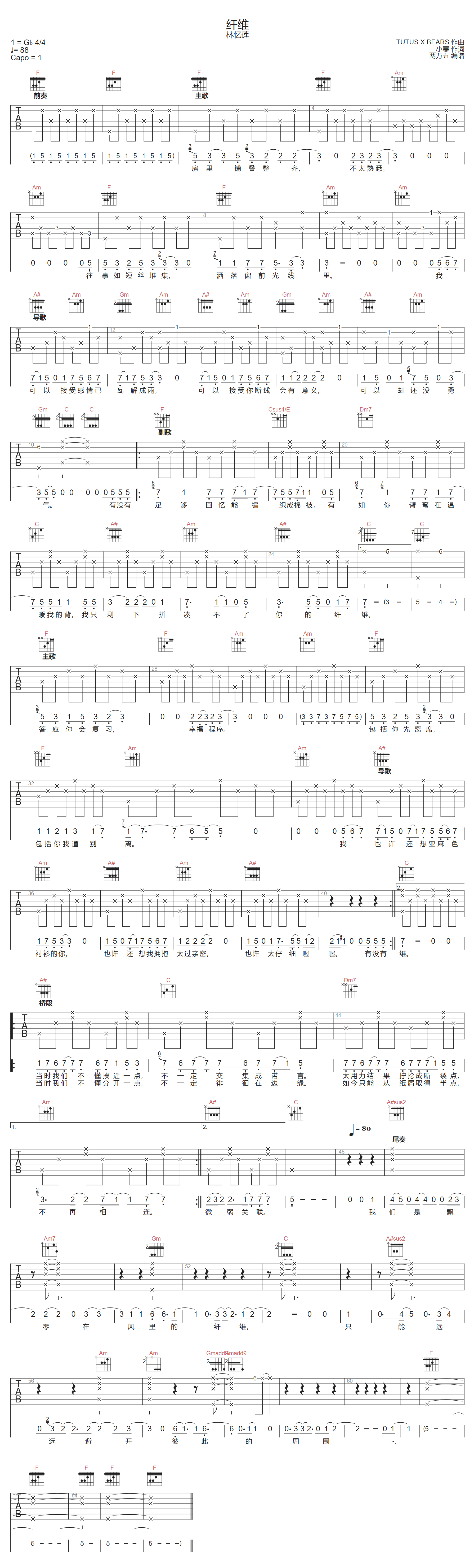 林忆莲《纤维》吉他谱_F调指法弹唱谱