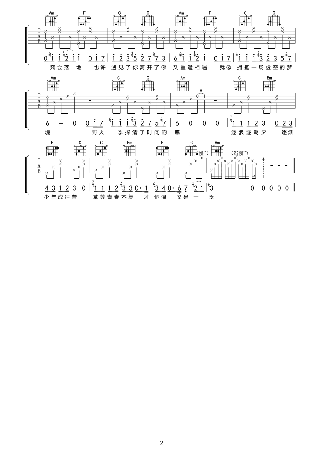 张良成《野火一季》吉他谱_C调指法弹唱谱