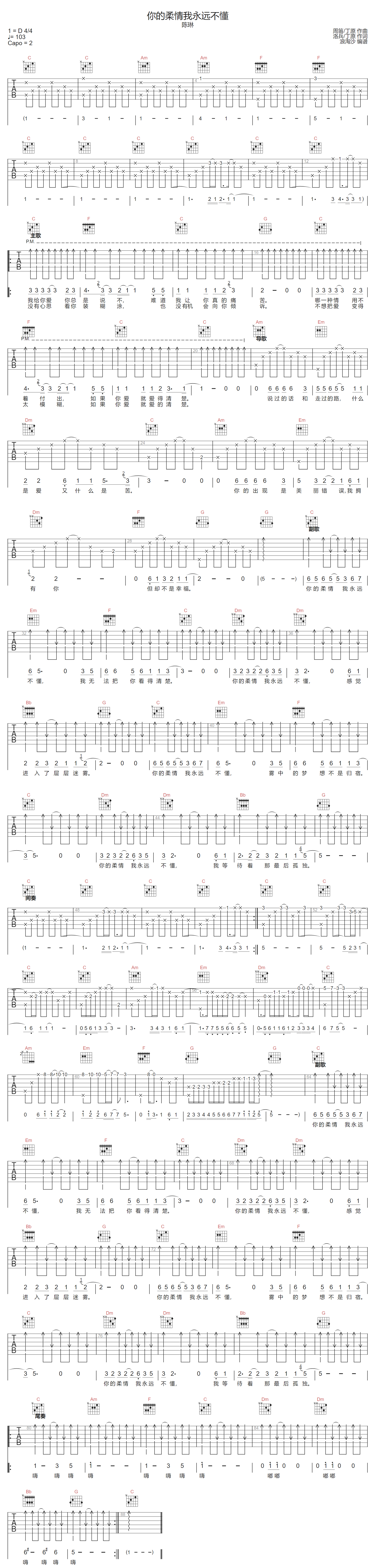 陈琳《你的柔情我永远不懂》吉他谱_C调原版x