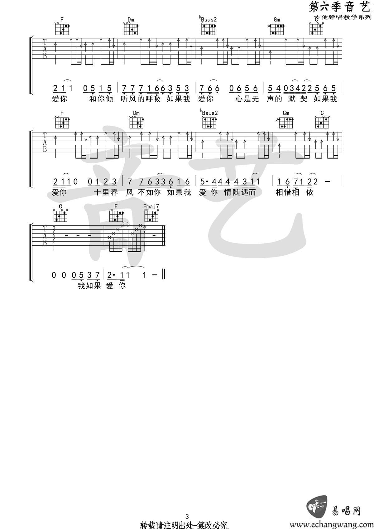 周冬雨/张一山《如果我爱你》吉他谱_F调指法