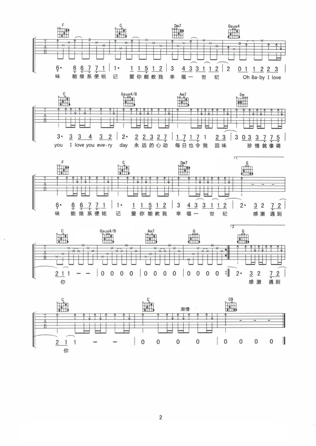 胡杏儿/黄宗泽《感激遇到你》吉他谱_C调原版