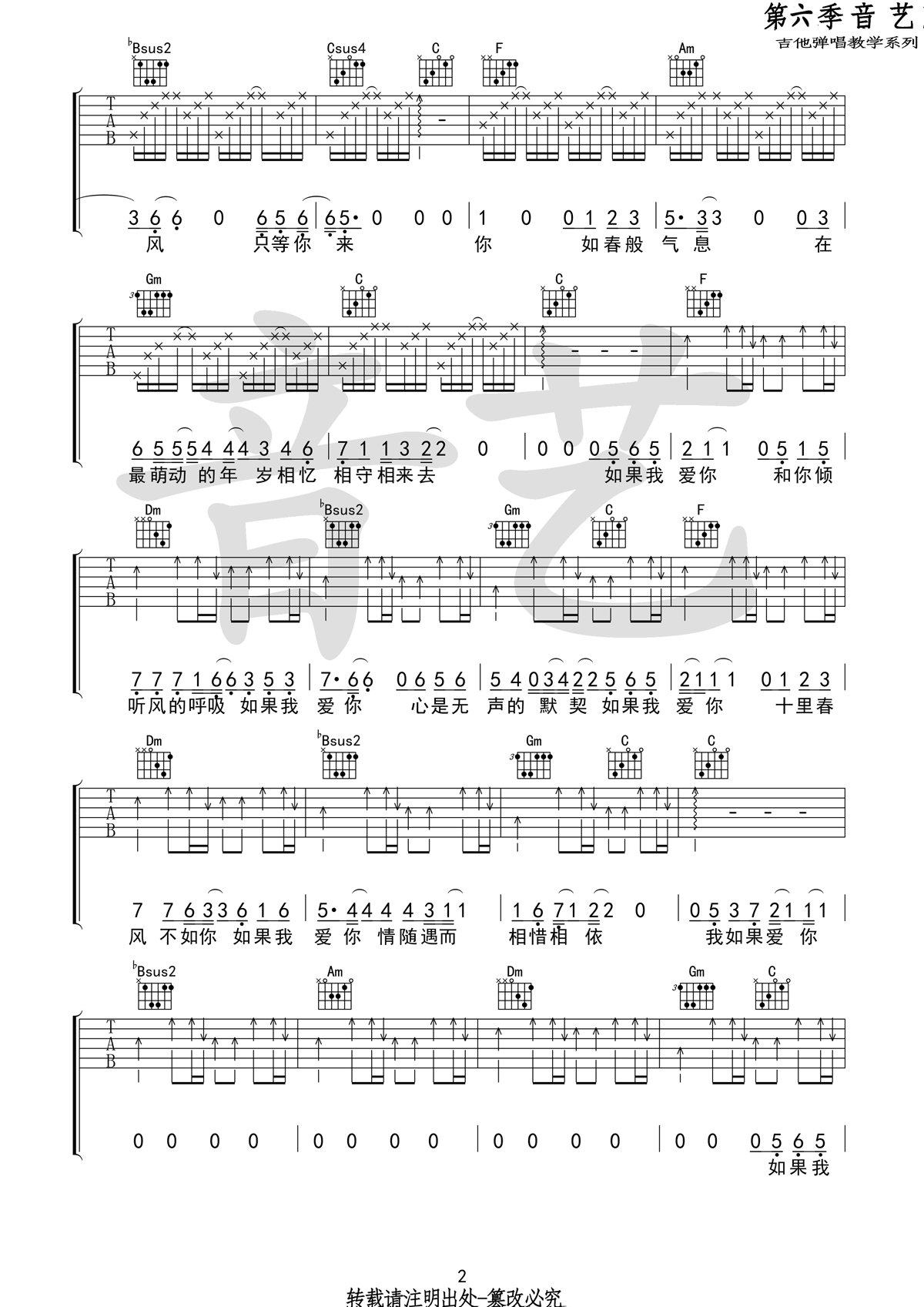 周冬雨/张一山《如果我爱你》吉他谱_F调指法