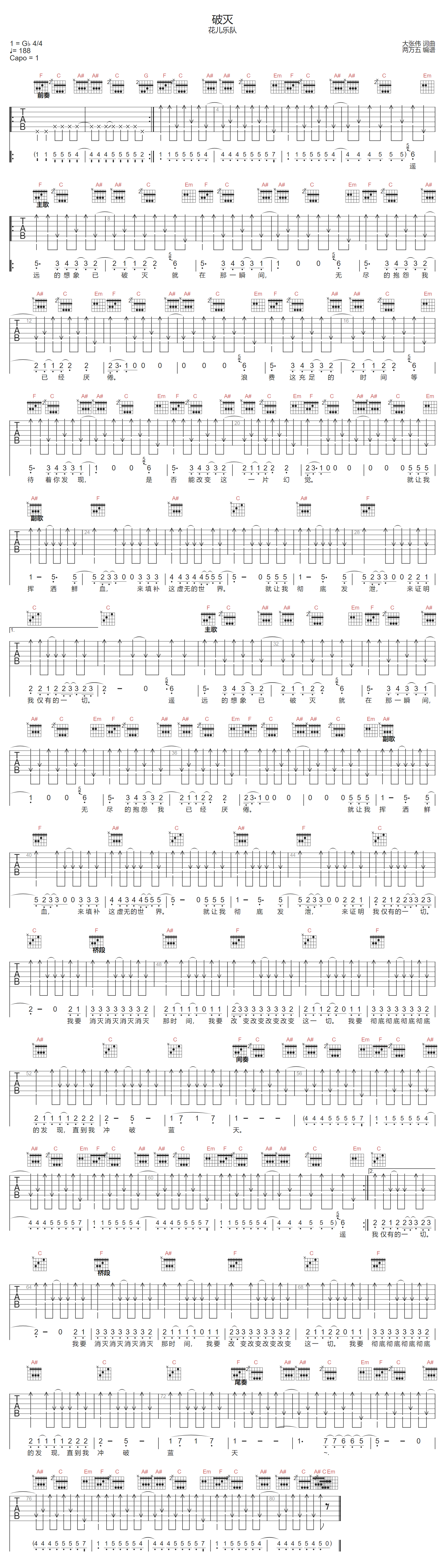花儿乐队《破灭》吉他谱_F调指法扫弦版弹唱谱