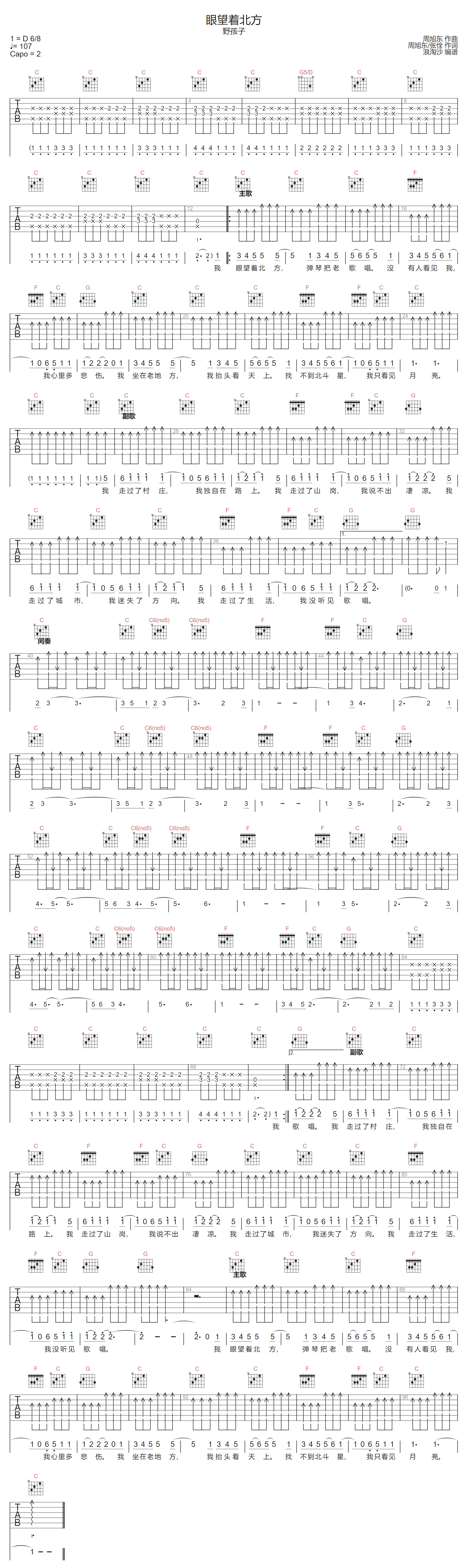 野孩子乐队《眼望着北方》吉他谱_C调原版