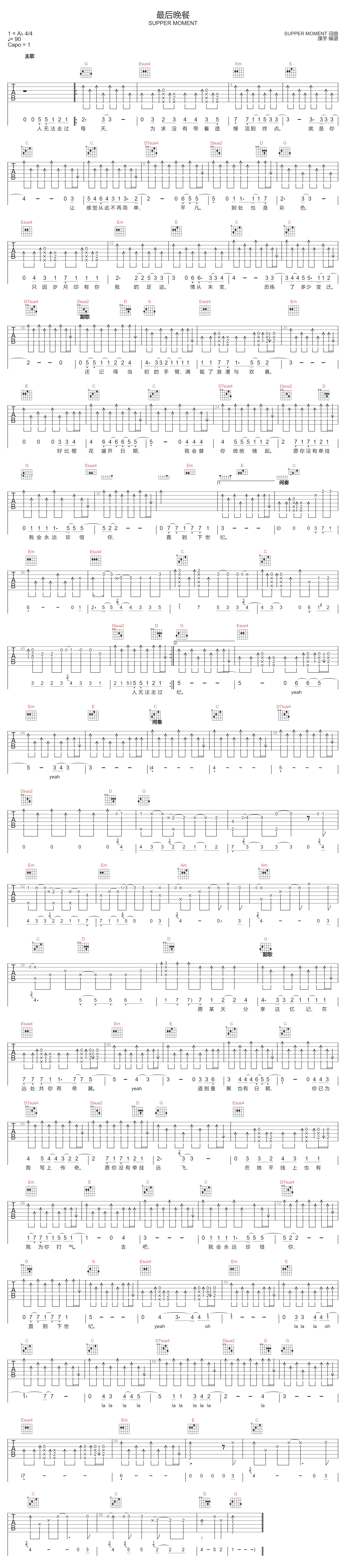 Supper Moment《最后晚餐》吉他谱_G调扫弦版