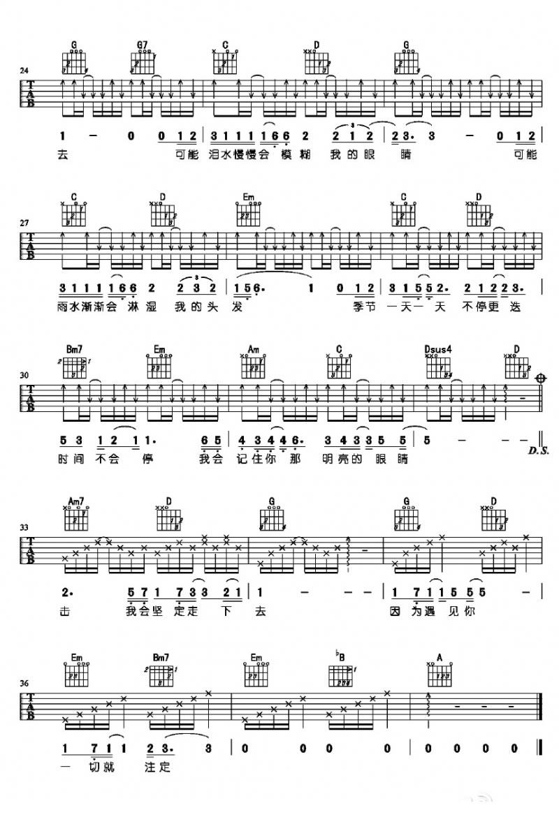 王源《因为遇见你》吉他谱_G调指法弹唱谱