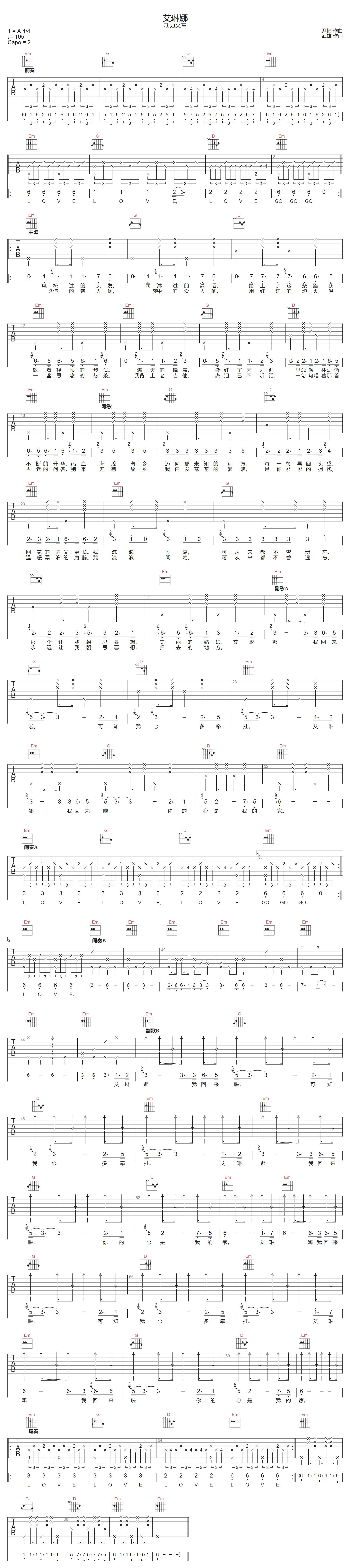 动力火车《艾琳娜》吉他谱_G调指法原版弹唱谱