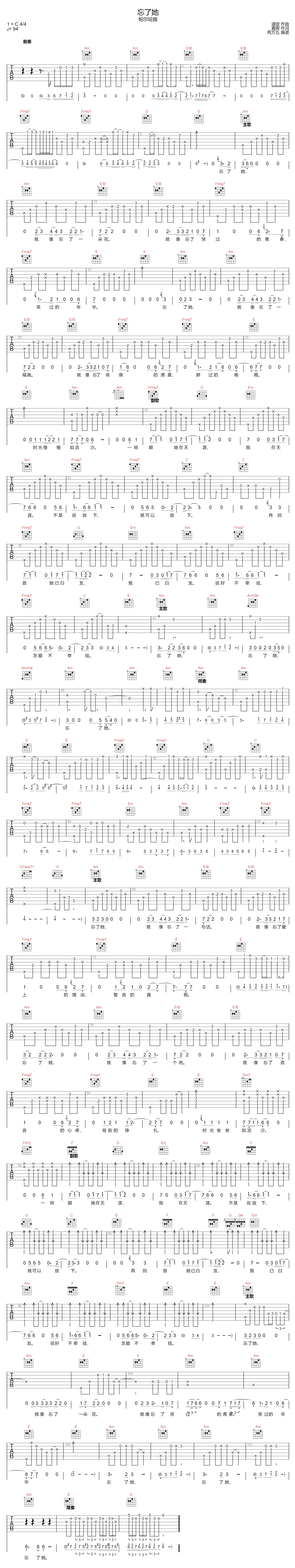 帕尔哈提《忘了她》吉他谱_C调指法原版弹唱谱