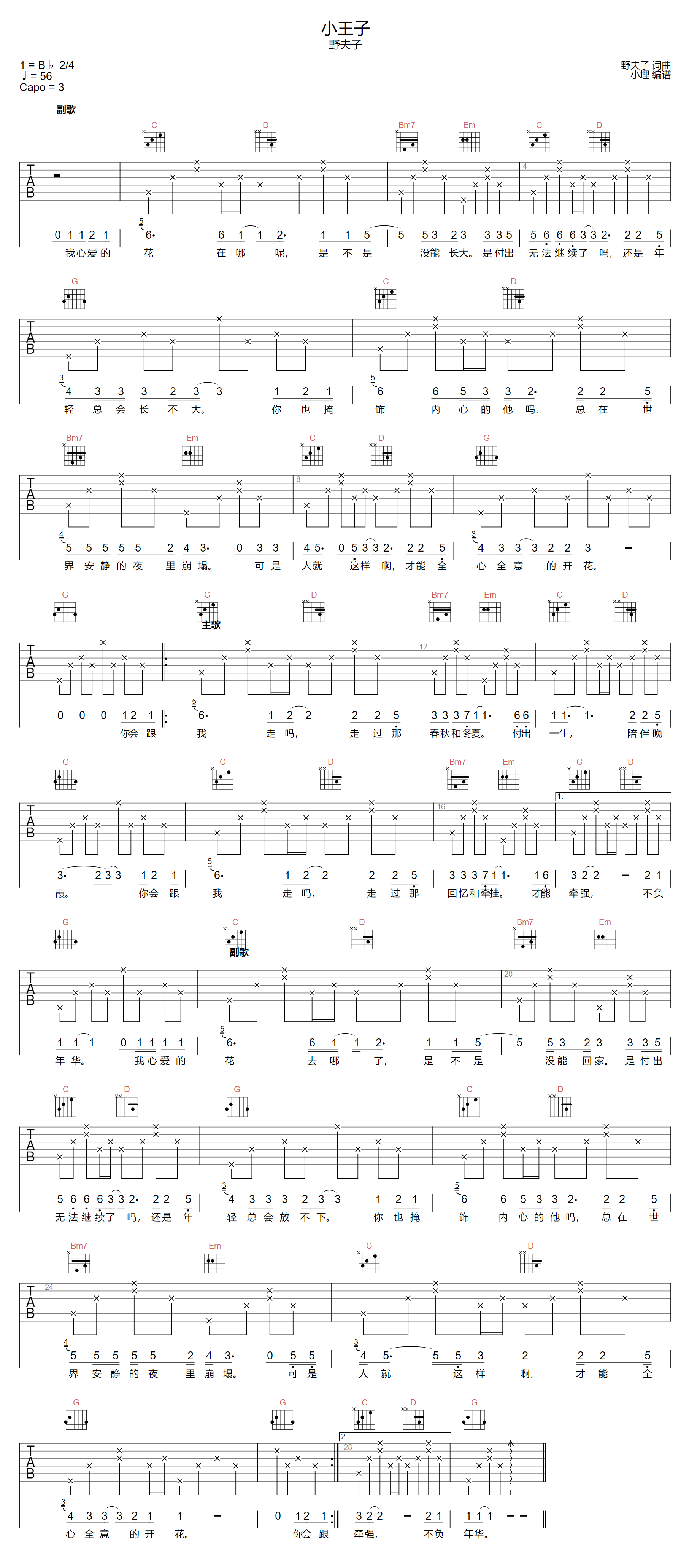 野夫子《小王子》吉他谱_G调指法原版弹唱谱