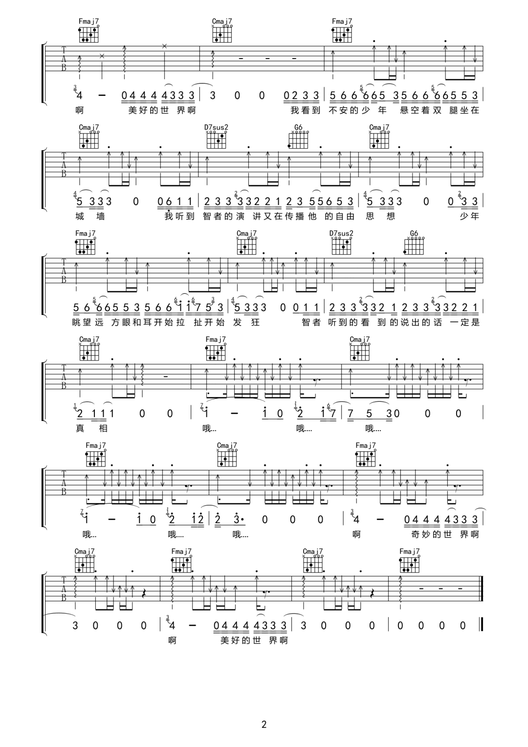 刘思鉴《奇妙世界》吉他谱_C调指法拍弦版 刘思鉴《奇妙世界》吉他谱_C调指法拍弦版