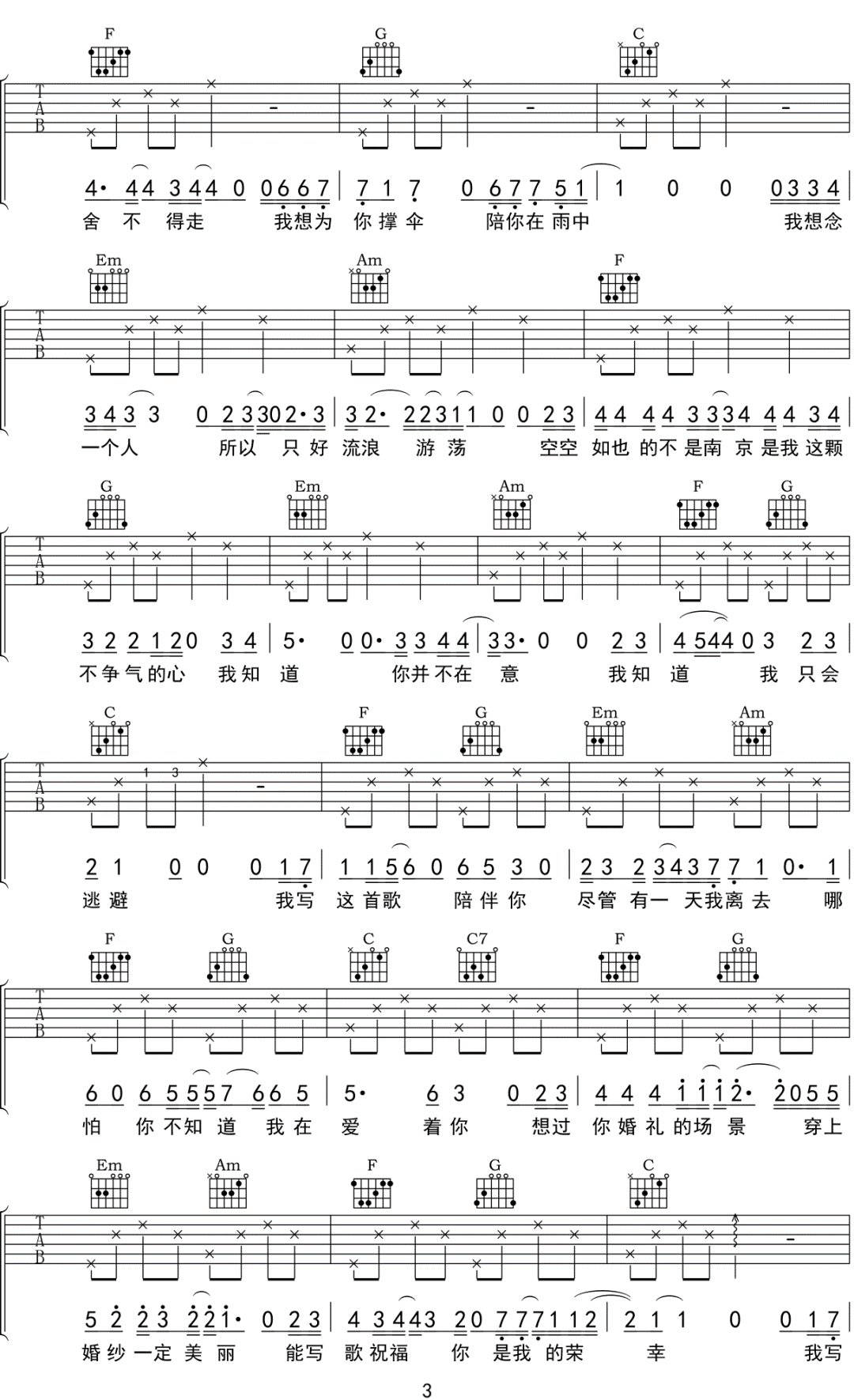 江皓南《路过南京路过你》吉他谱_C调简单版