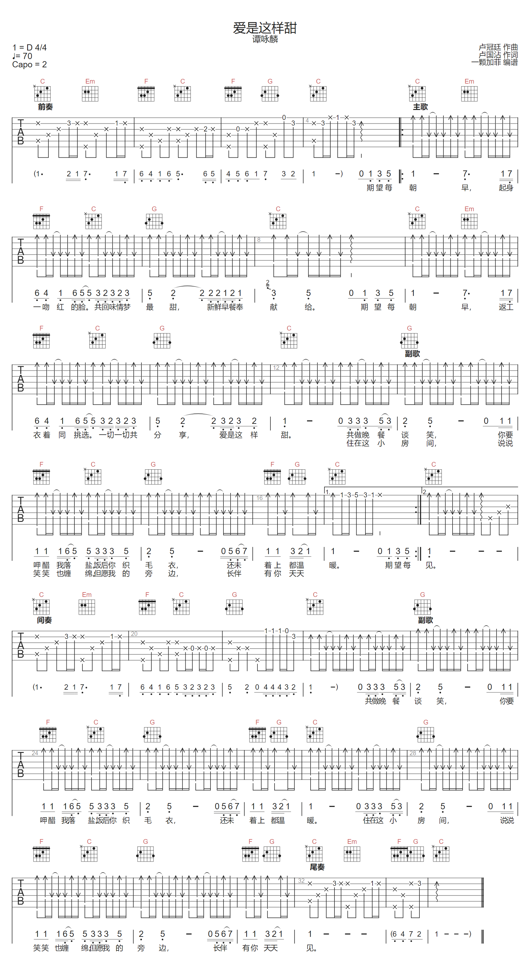 谭咏麟《爱是这样甜》吉他谱_C调指法弹唱谱