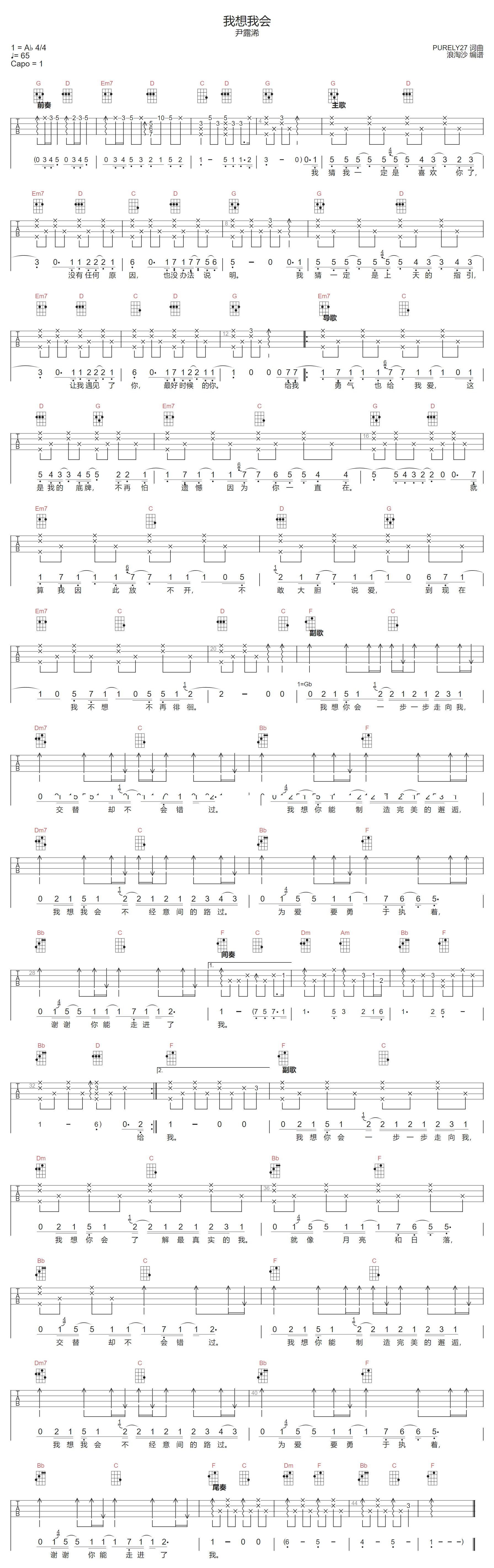 尹露浠《我想我会》吉他谱_G调指法原版弹唱谱
