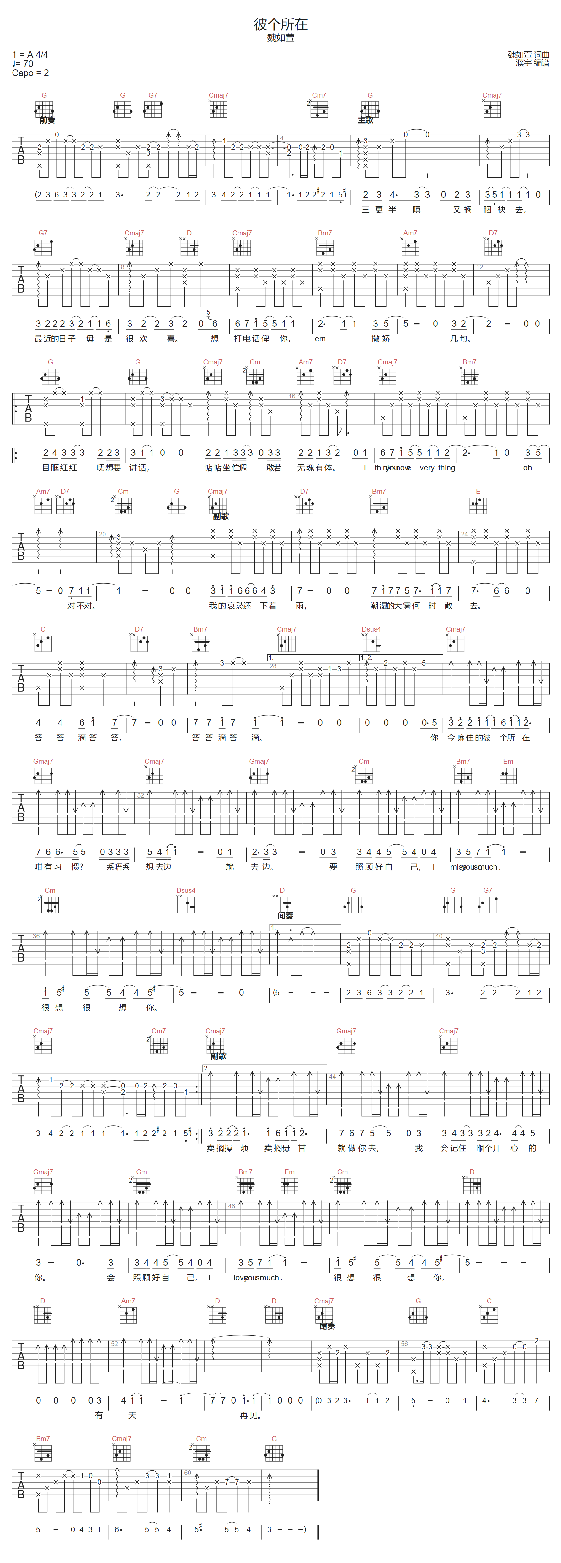 魏如萱《彼个所在》吉他谱_G调指法原版弹唱谱 魏如萱《彼个所在》吉他谱_G调指法原版弹唱谱