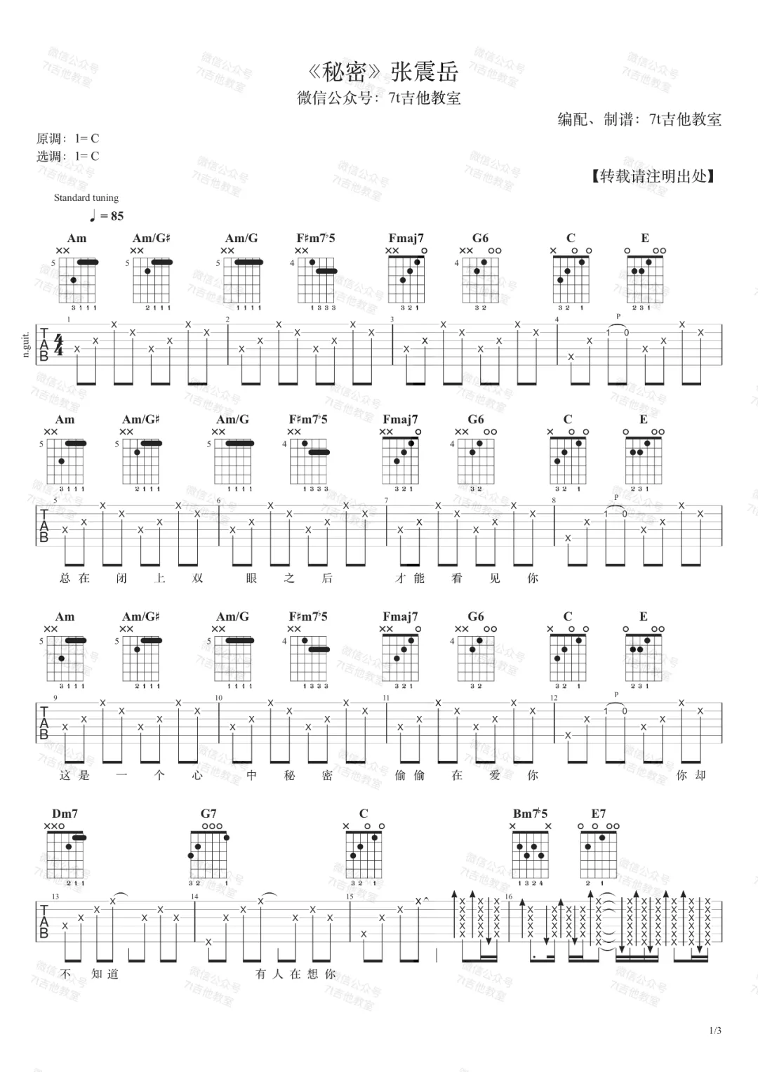 张震岳《秘密》吉他谱_C调指法弹唱谱