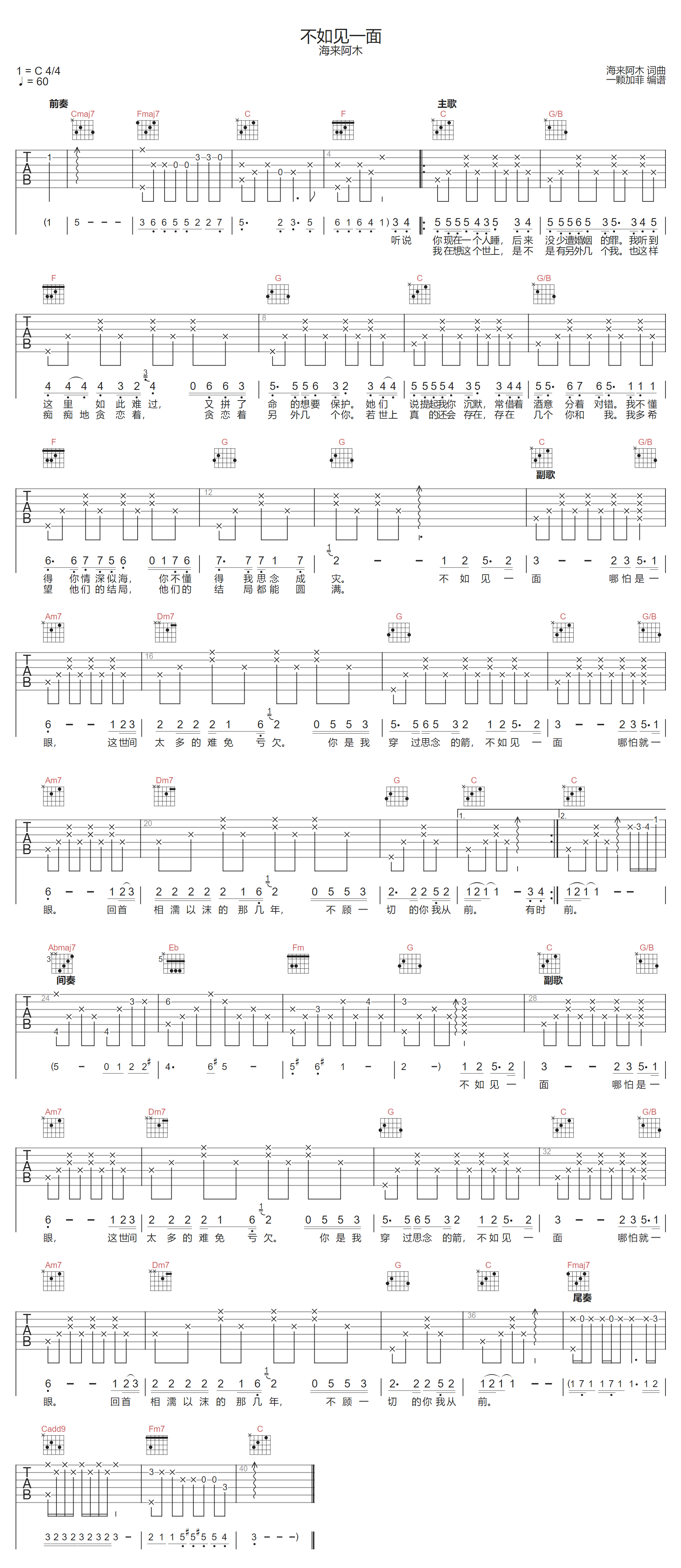 海来阿木/单依纯《不如见一面》吉他谱_C调指法
