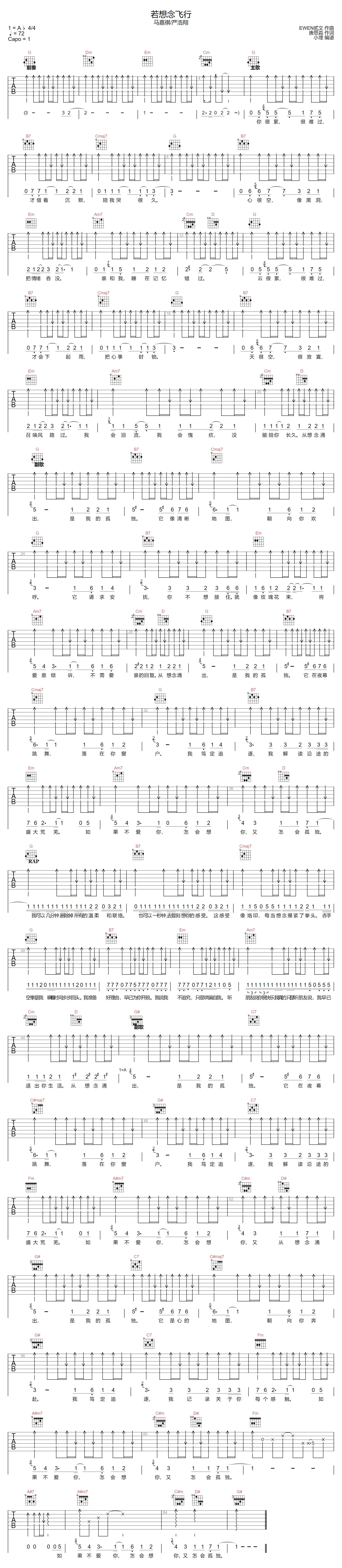 马嘉祺/严浩翔《若想念飞行》吉他谱_G调扫弦版