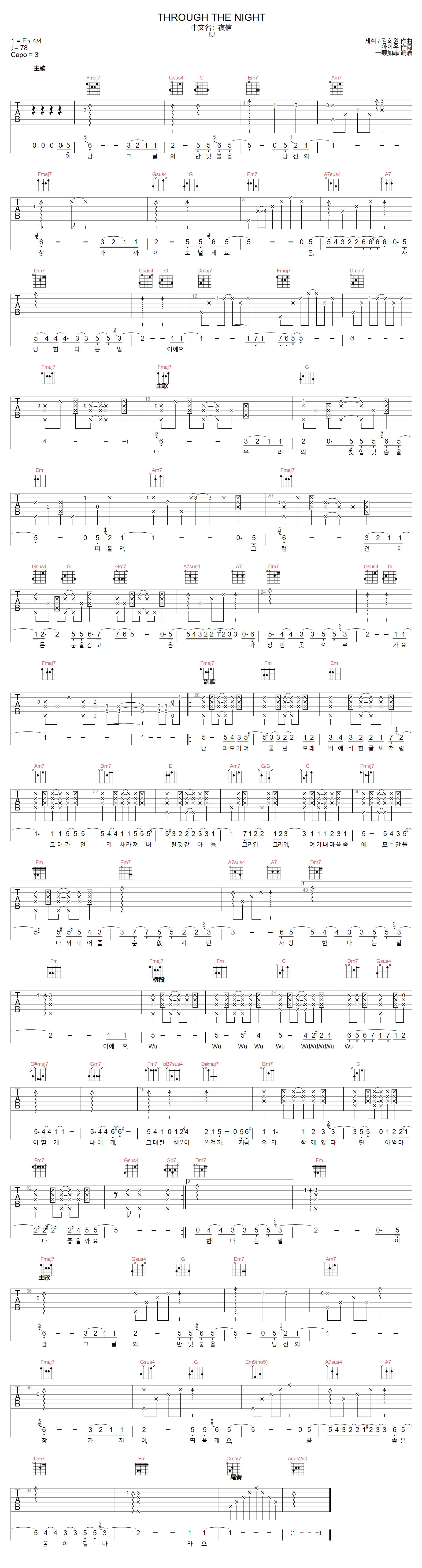 IU《Through The Night》吉他谱_C调指法弹唱谱