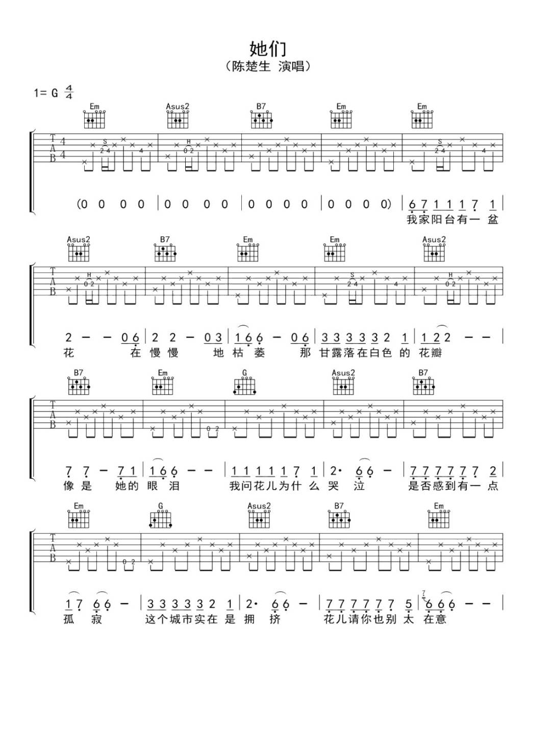 陈楚生《她们》吉他谱_G调指法原版弹唱谱 陈楚生《她们》吉他谱_G调指法原版弹唱谱
