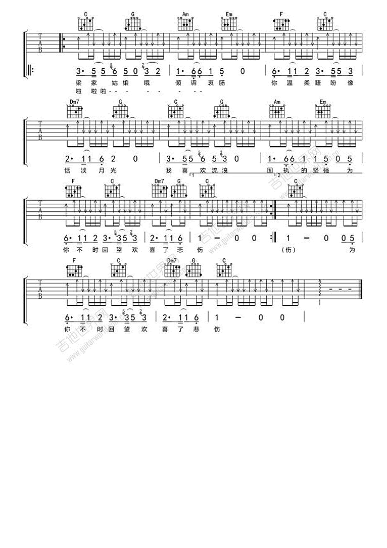 烟把儿乐队《梁家姑娘》吉他谱_C调扫弦版