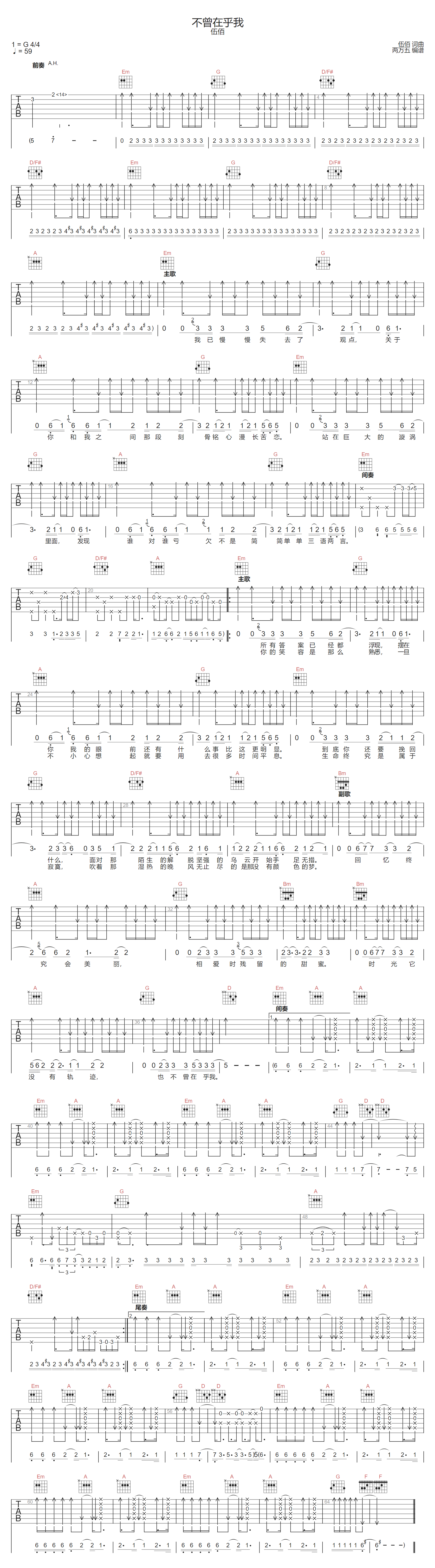 伍佰《不曾在乎我》吉他谱_G调指法扫弦版