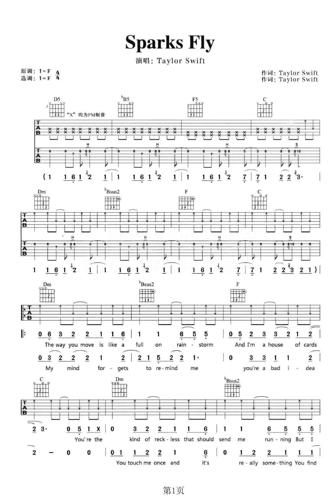 Taylor Swift《Sparks Fly》吉他谱_F调指法 Taylor Swift《Sparks Fly》吉他谱_F调指法