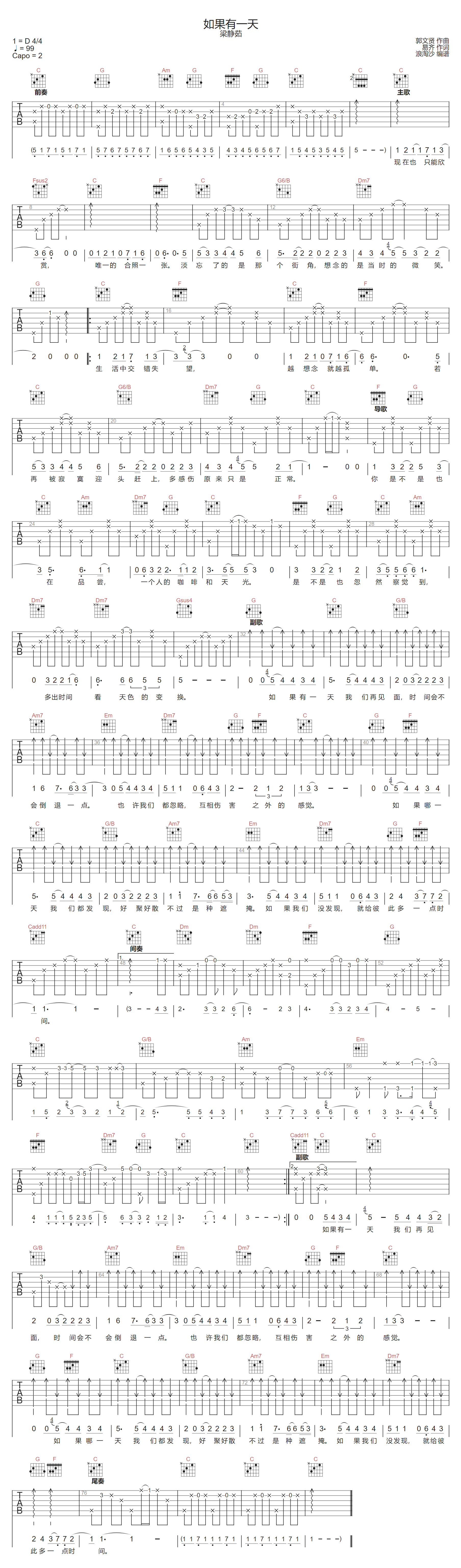 梁静茹《如果有一天》吉他谱_C调指法原版弹唱谱