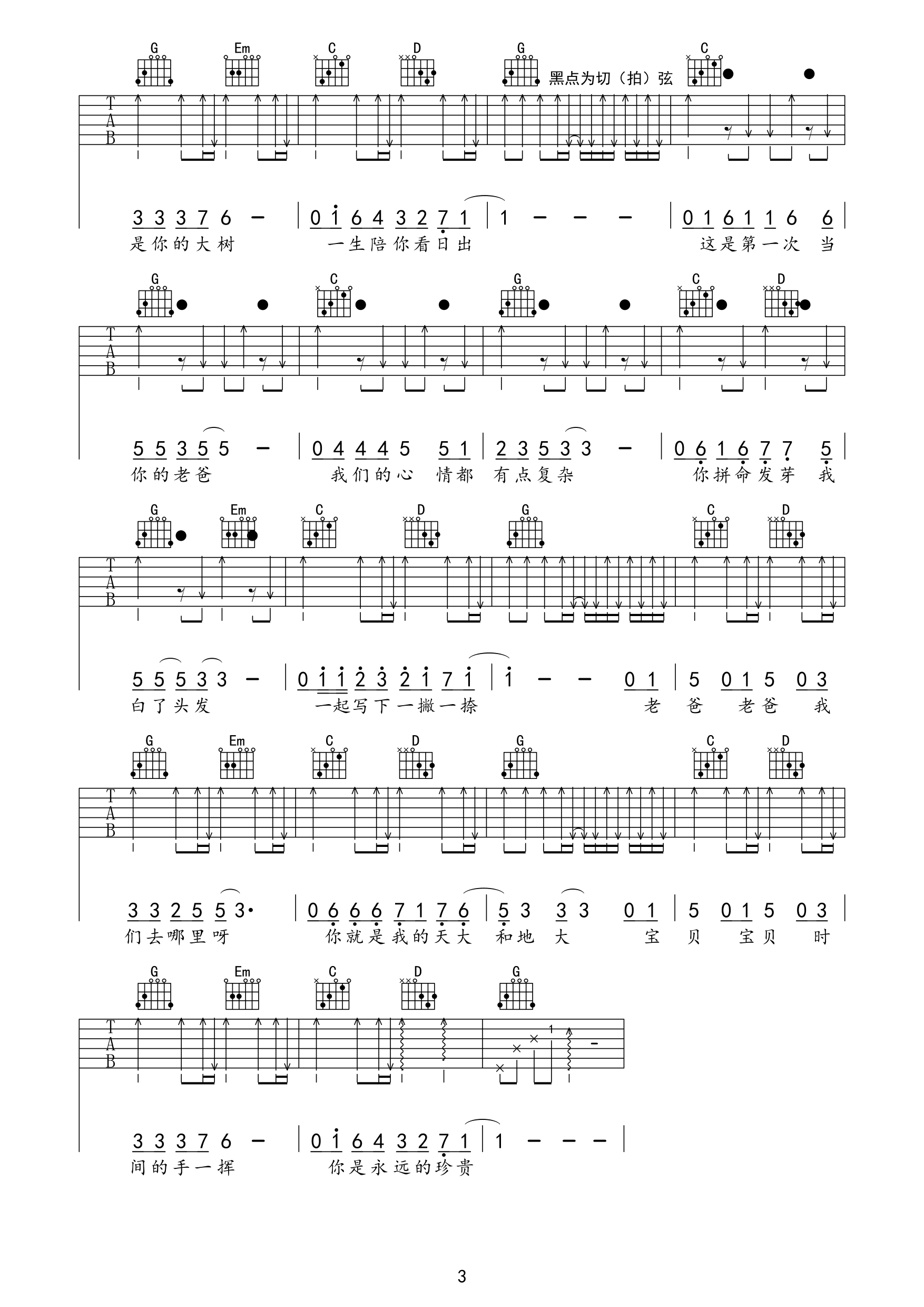 曹格《爸爸去哪儿》吉他谱_G调指法原版弹唱谱