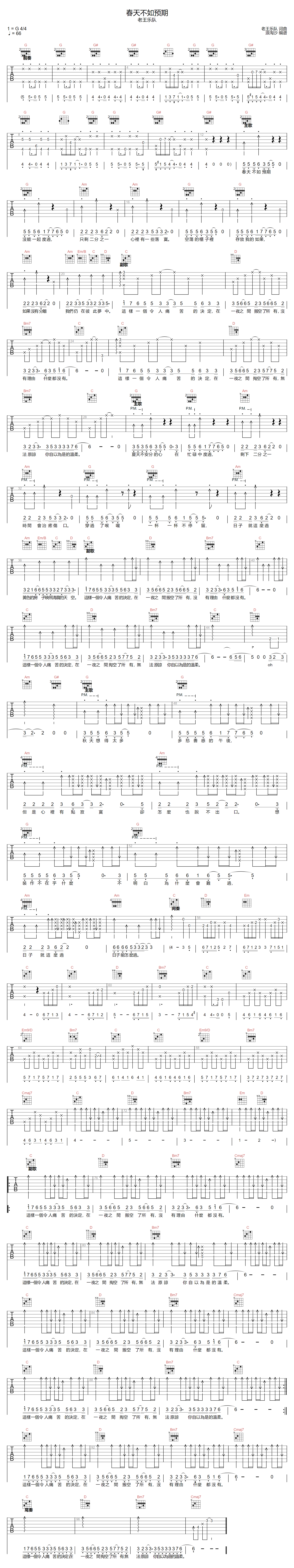 老王乐队《春天不如预期》吉他谱_G调原版弹唱谱
