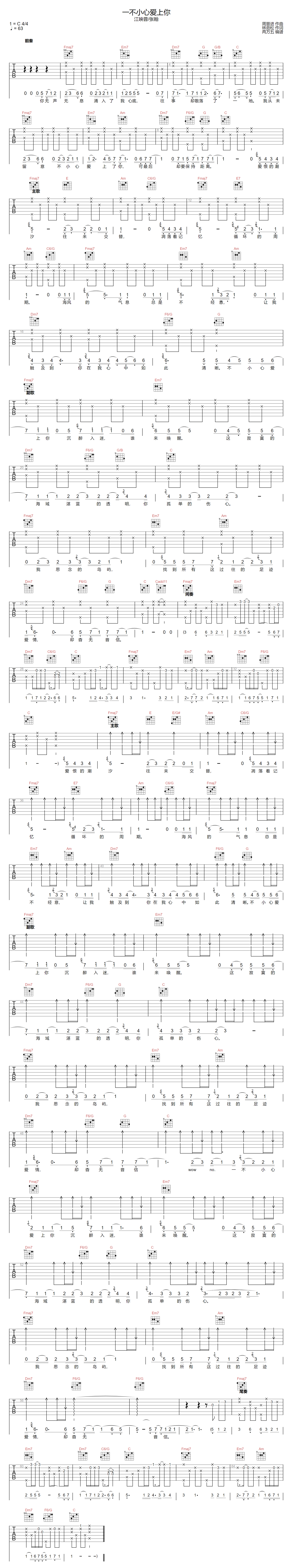 张翰/江映蓉《一不小心爱上你》吉他谱_C调指法