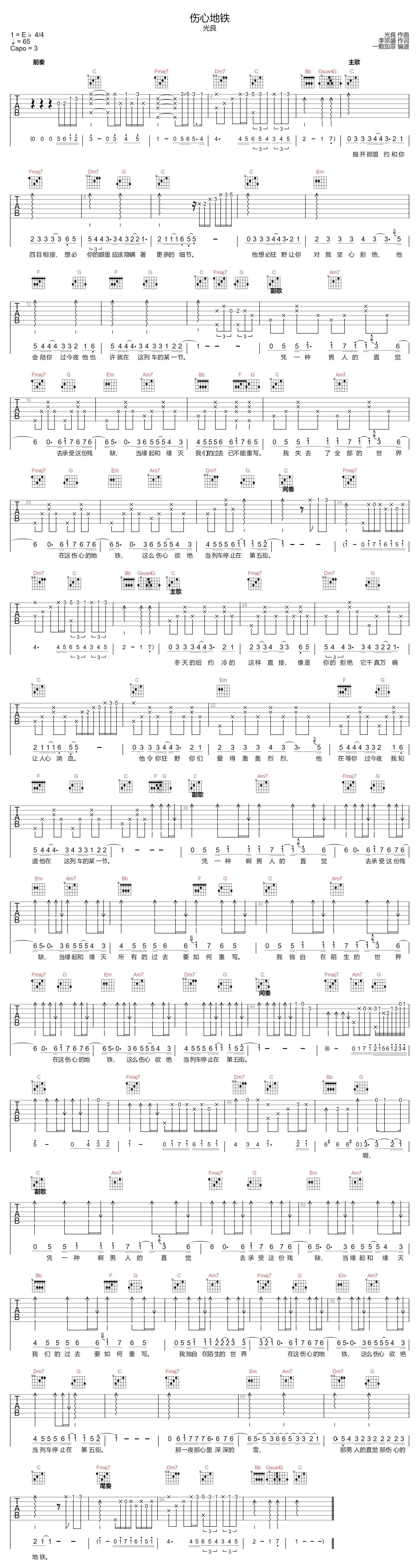 光良《伤心地铁》吉他谱_C调指法原版弹唱谱 光良《伤心地铁》吉他谱_C调指法原版弹唱谱