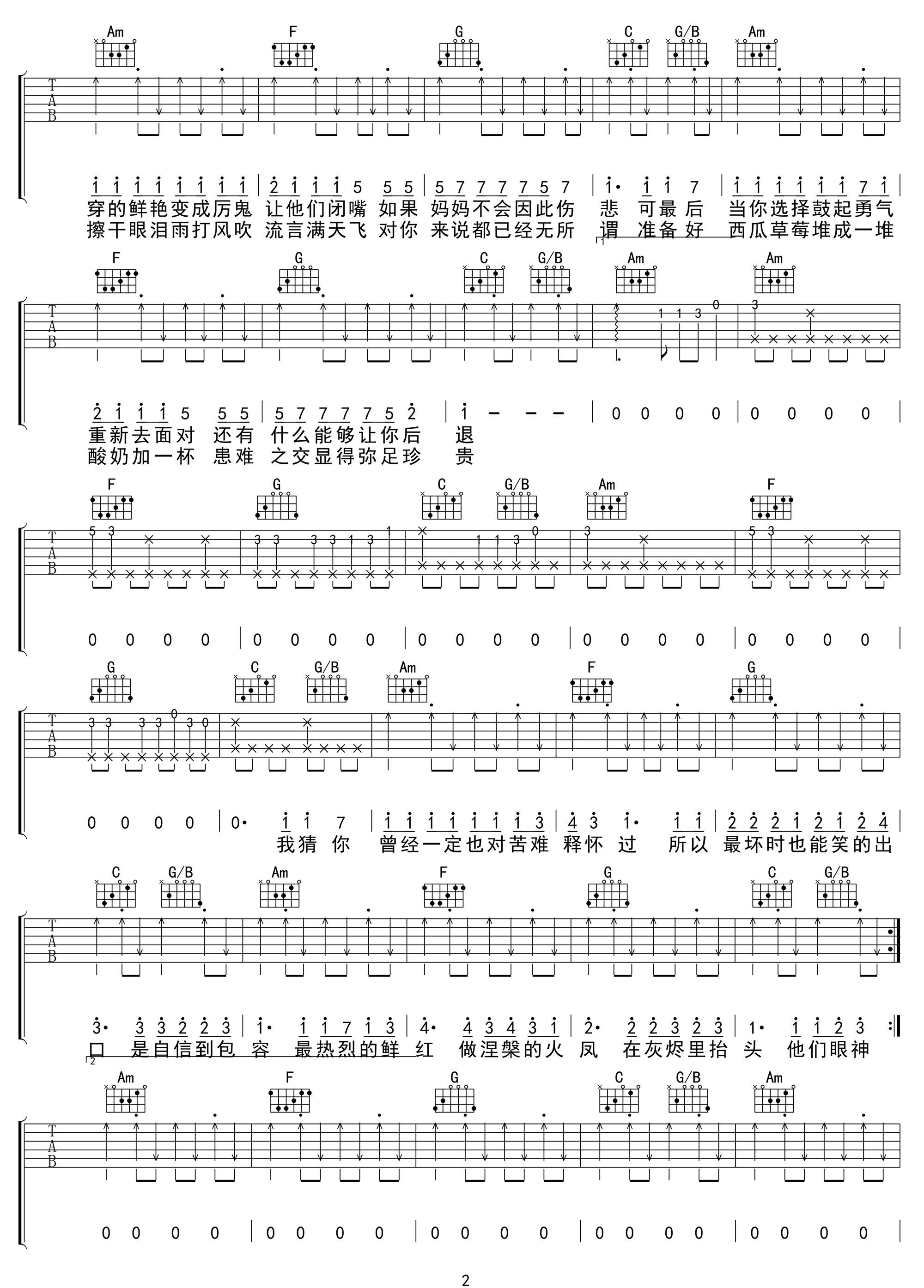 花粥《是红》吉他谱_C调指法原版弹唱谱