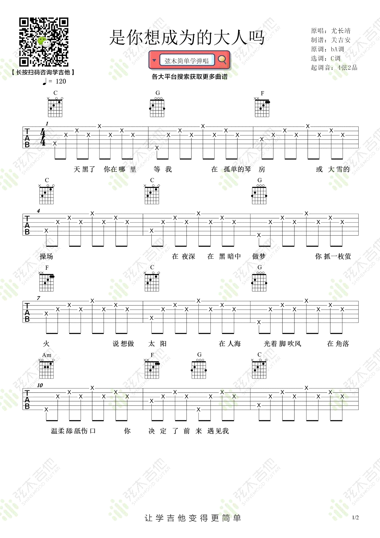 尤长靖《是你想成为的大人吗》吉他谱_C调指法