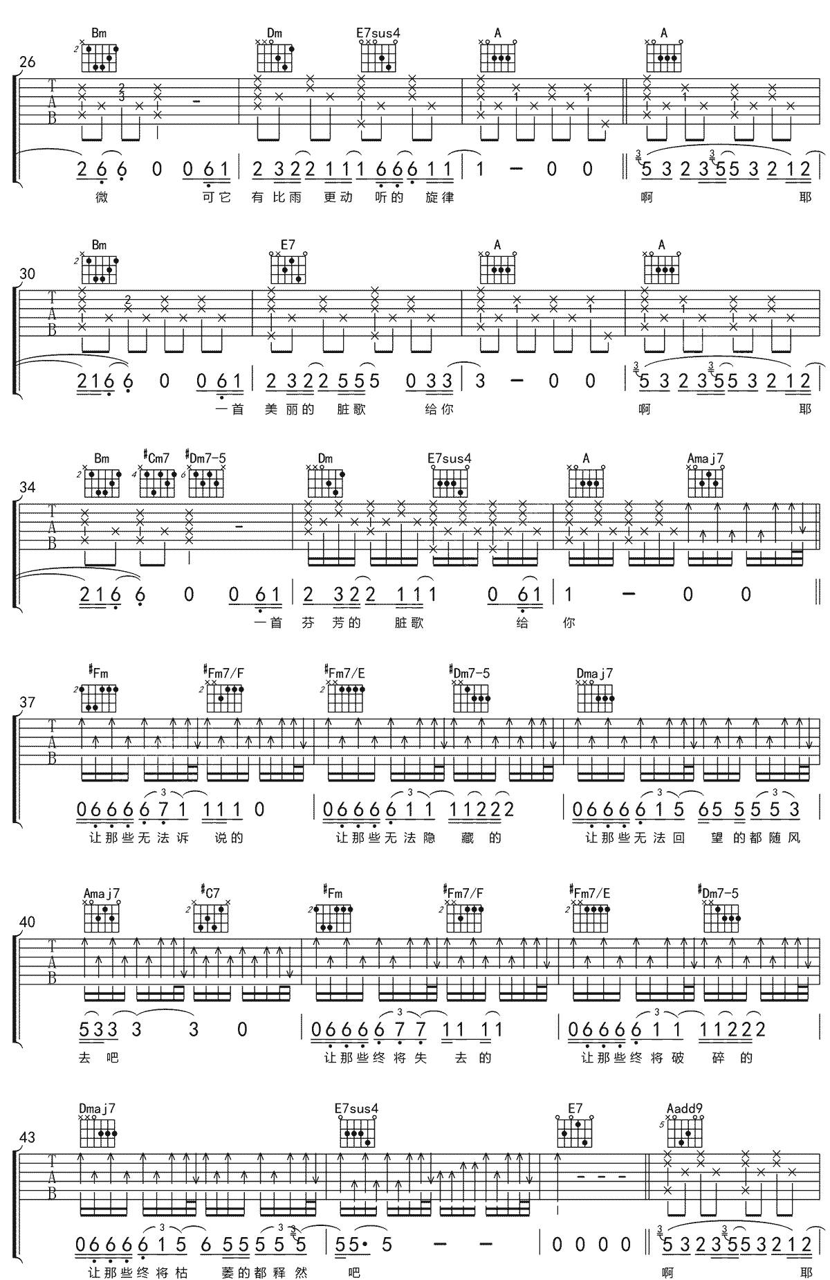 汪峰《脏歌》吉他谱_A调指法原版弹唱谱