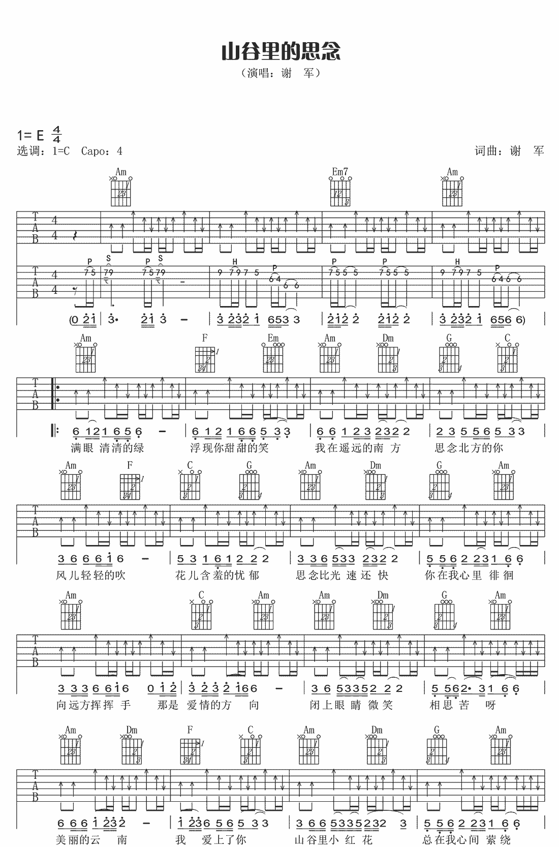 谢军《山谷里的思念》吉他谱_C调指法原版弹唱谱