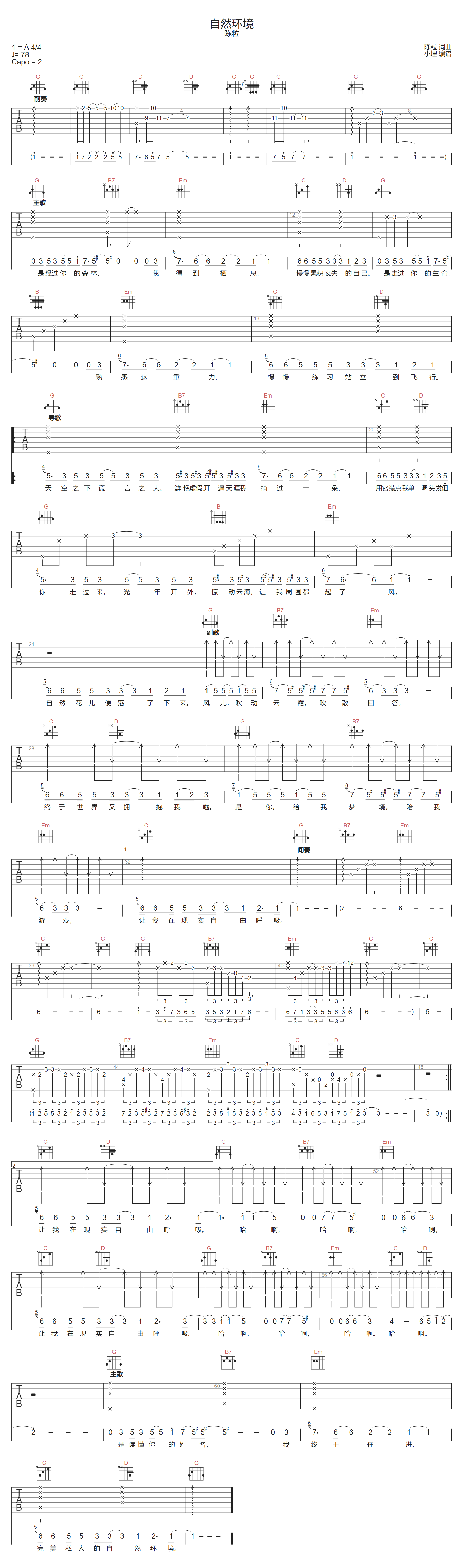 陈粒《自然环境》吉他谱_G调指法原版弹唱谱
