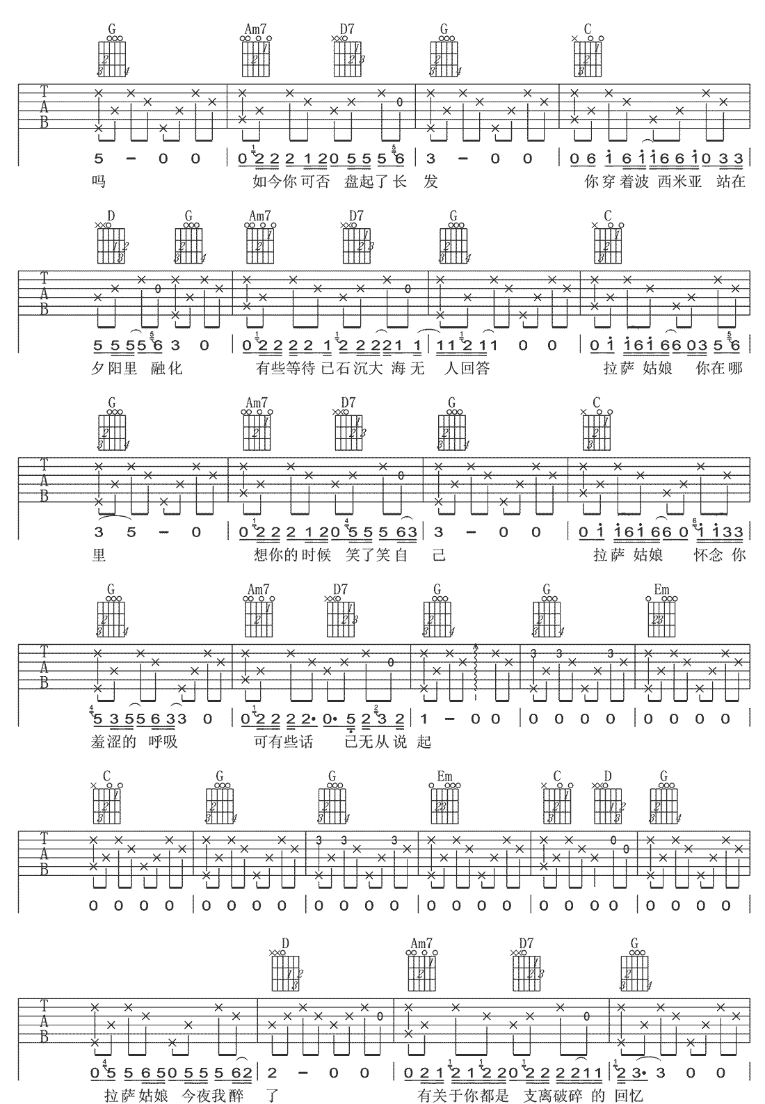 漠城《拉萨姑娘》吉他谱_G调指法原版弹唱谱 漠城《拉萨姑娘》吉他谱_G调指法原版弹唱谱