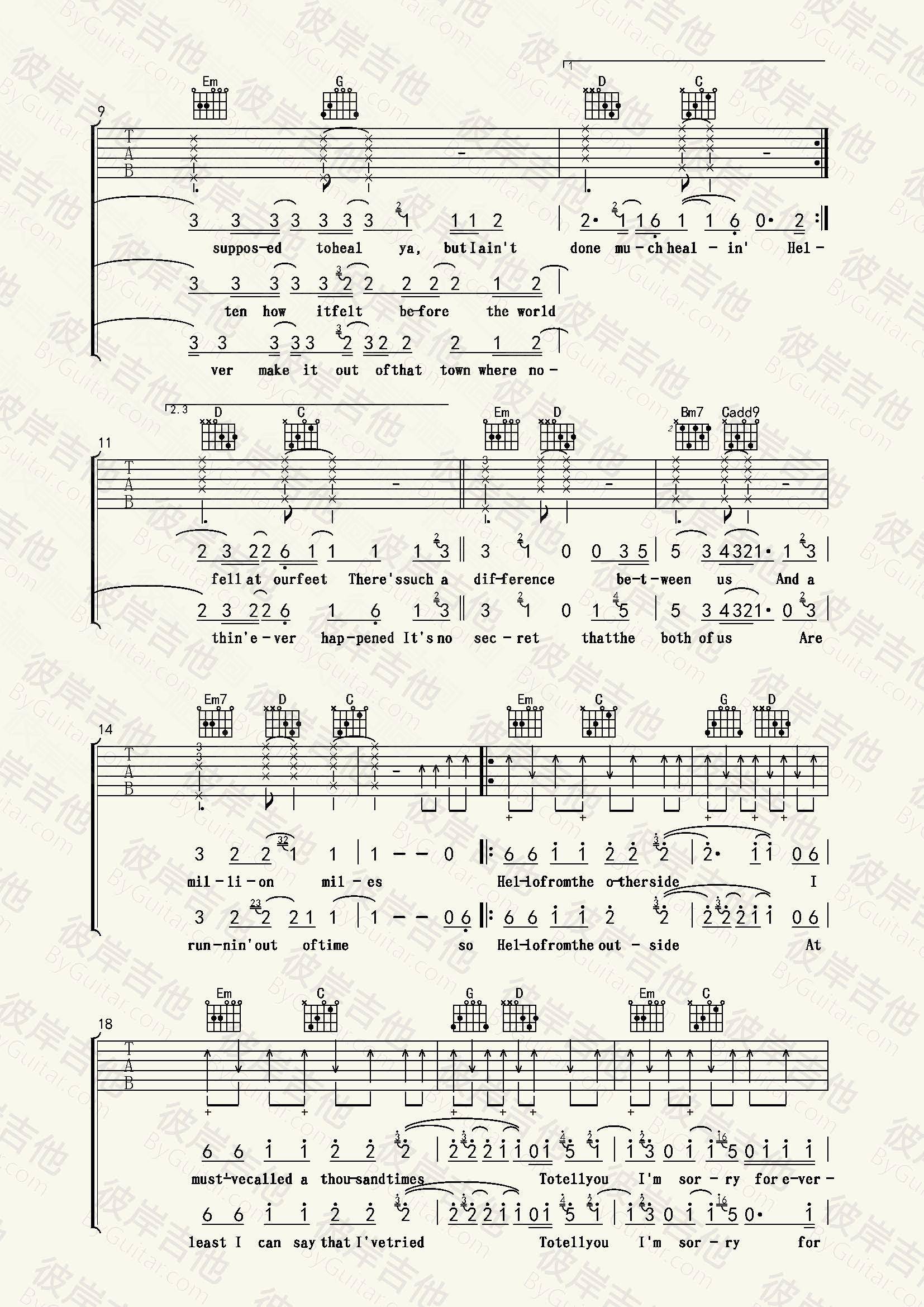 Adele《Hello》吉他谱_G调指法原版弹唱谱