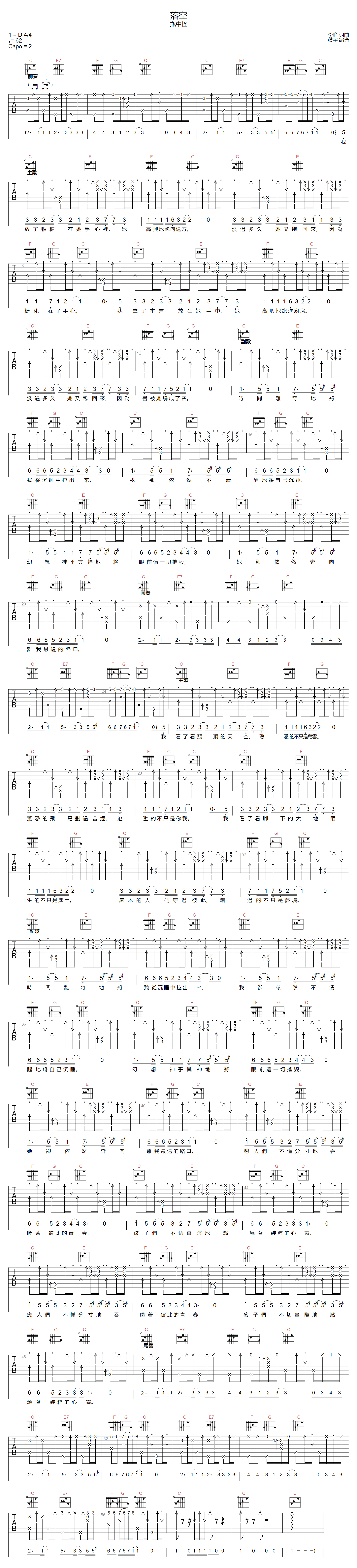 瓶中怪《落空》吉他谱_C调指法原版弹唱谱
