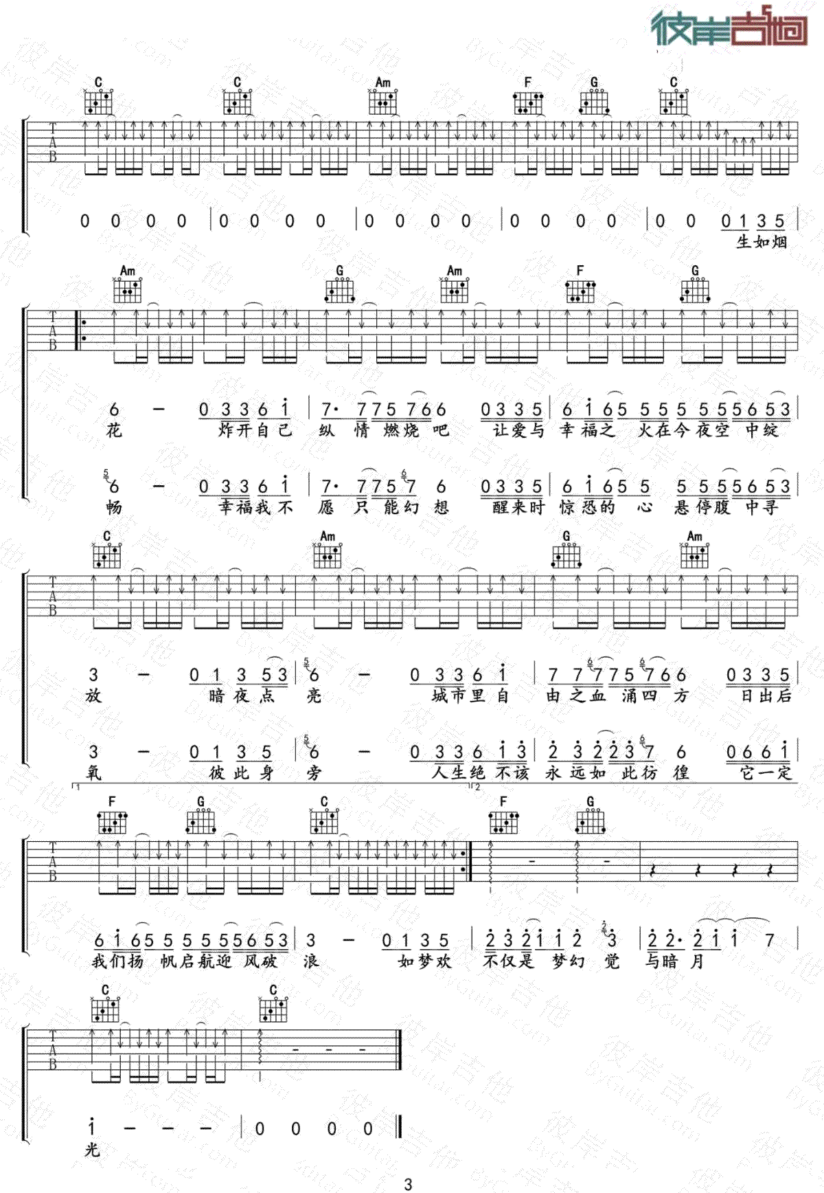 刺猬乐队《生之响往》吉他谱_C调指法扫弦版